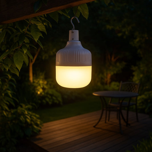 Ampoule LED solaire  optonica avec panneau solaire accrochée à un arbre 