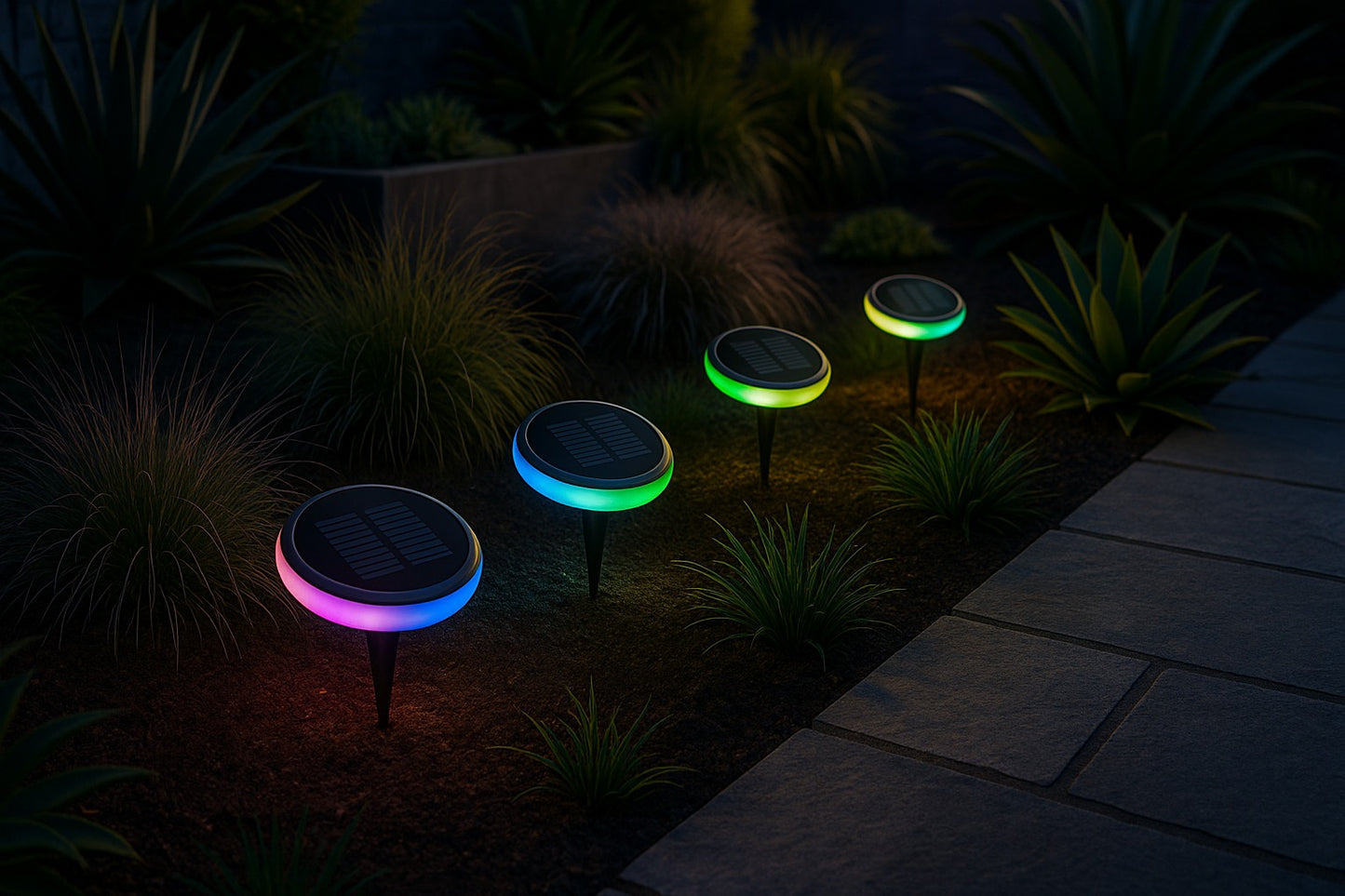 Lampe de jardin solaire à LED RGB  installees dans un jardin