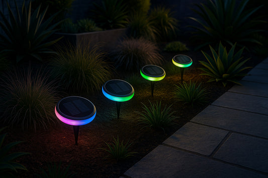 Lampe de jardin solaire à LED RGB  installees dans un jardin