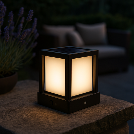Lampe solaire ESL-54 allumée et posé sur un muret