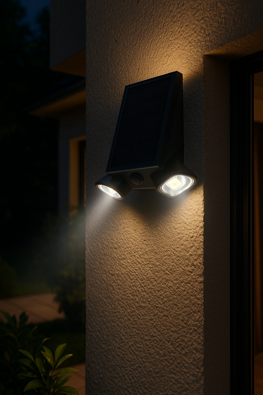 	Applique solaire LED SWL-39 allumée fixée sur un mur extérieur en soirée